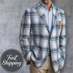 TALLIA Mens Blazer Sport Coat Two Button Suit Jacket 46R LINEN Blue/Navy Plaid